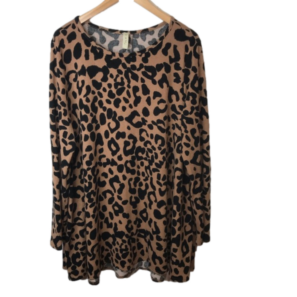 Pixi +‎ Ivy Womens Size ? Top Black Tan Cheetah Print A-Line Elbow Patch Sleeve
